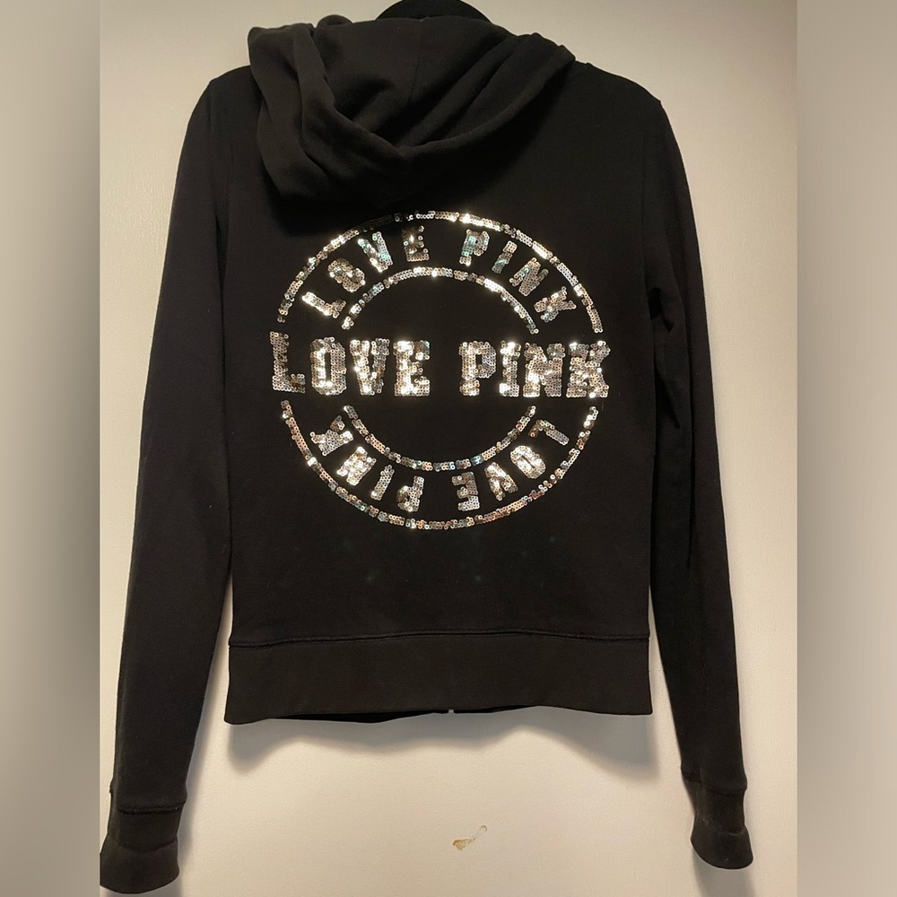 Pink Victoria Secret Black Women’s Hoodie Sweater with design on back Size XS